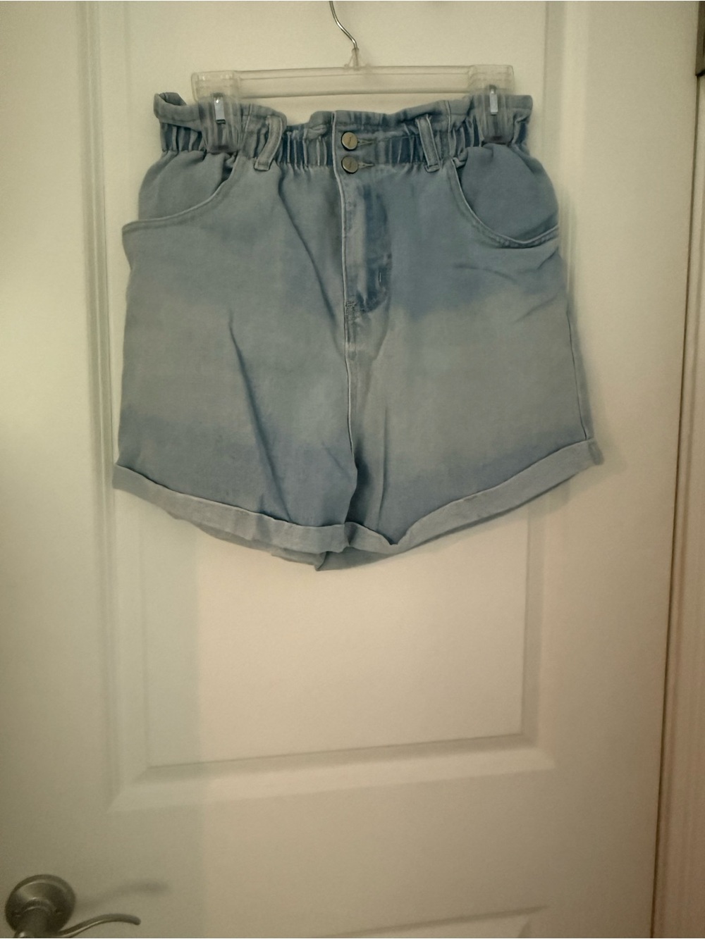 Light Blue High-Waist Paperbag Denim Shorts
